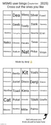 MSMG user bingo (September 2025) cross the one you like Meme Template
