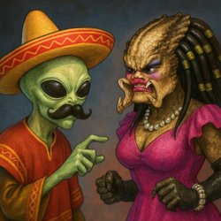 Alien with mustache and sombrero vs predator dressed in drag Meme Template