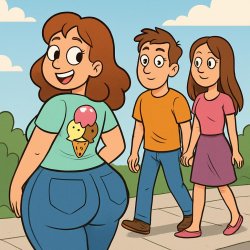 a woman with a big butt with an ice cream on het tshirt and a co Meme Template