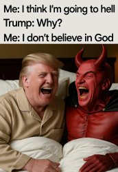 Donald Trump laughing in bed with Satan Lucifer Devil Meme Template
