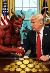 Donald Trump Satan laughing pile of gold shaking hands Meme Template