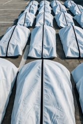 Rows of body bags in a parking lot Meme Template