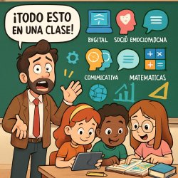 Un docente frente a un pizarrón lleno de iconos de distintas com Meme Template