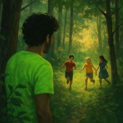 a man with curly hair in a neon green shirt looking at kids from Meme Template