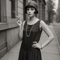 A black-and-white photograph of a flapper standing on a sidewalk Meme Template