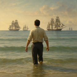 a man wadding into the calm ocean, a line of sail merchant ships Meme Template