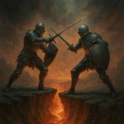 2 knights fighting with swords and shields and armour on the edg Meme Template