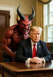 Satan whispering in Donald Trump's ear White House Meme Template