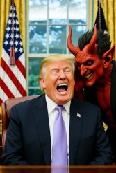 Satan whispering in Donald Trump's ear White House Meme Template