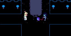 Deltarune Kris holding his mini-kris on a lease Meme Template