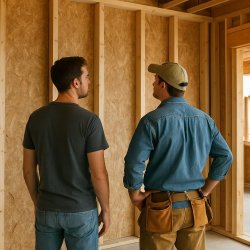 2 guys in front of a wall inside of a house in construction look Meme Template