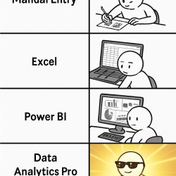 A 4-panel meme showing progression: Manual Entry → Tally → Excel Meme Template