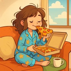 a girl sitting on her couch in pajamas eating pizza for breakfas Meme Template