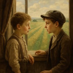 Two olden day boys talking to eachother while looking out the wi Meme Template