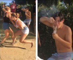 girls figthing with guy smoking bong behind Meme Template