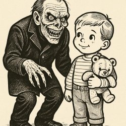 a scary guy next to a little cute guy holding a plush Meme Template