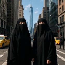 two white women wearing full black burqa in downtown Manhattan Meme Template