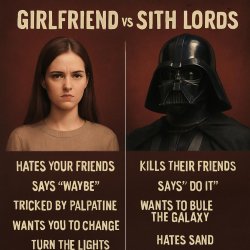 Girlfriend vs Sith Lords comparison list Meme Template