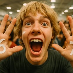 A young person with medium-length, messy blonde hair and a wide, Meme Template