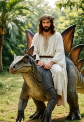 Jesus riding a dinosaur stegosaurus Meme Template