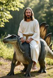Jesus riding a dinosaur stegosaurus Meme Template