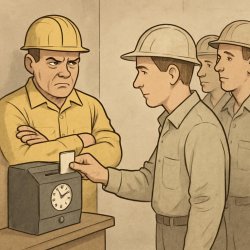 A worker watching other workers closely clock in to make sure th Meme Template