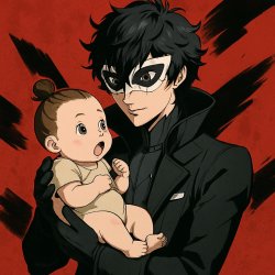 joker from persona 5 holding a baby with a man bun Meme Template