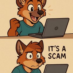 A furry happy about something but then realizes its a scam Meme Template