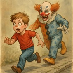 kid running from a scary clown Meme Template