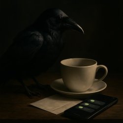 Raven, empty coffee cup, unread texts, dramatic lighting. Meme Template