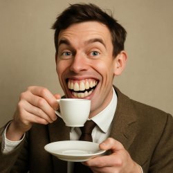 make a picture of a British guy with giant teeth and sipping tea Meme Template