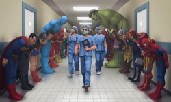 Superheroes bowing to doctors Meme Template