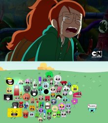 The BFB Contestants laughs at Tulip Olsen crying Meme Template