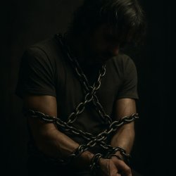 BEING BOUND, shackled with flexible chains, amidst DARKEN ROOM Meme Template