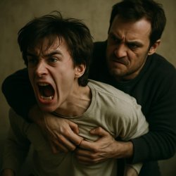 a picture of someone frantically restraining another person Meme Template