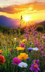 Sunset field of flowers mountains beautiful Meme Template