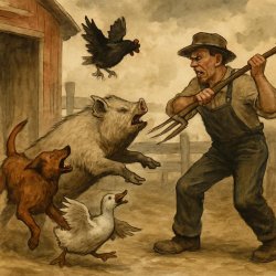 A old middle white boar fighting with other animals against a fa Meme Template