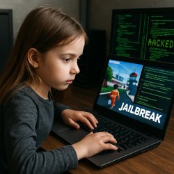 Kid sitted on her computer hacking on roblox jailbreak Meme Template