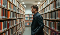 Man Searching Looking at Bookshelves in Library Meme Template
