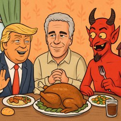 Trump, Jeffrey Epstein and Satan eating a Thanksgiving dinner wi Meme Template