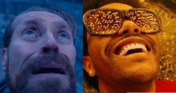 Willem Dafoe looking up in terror next to happy pal Meme Template