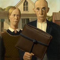 “Image: American Gothic farmer couple, photoshopped holding a gi Meme Template