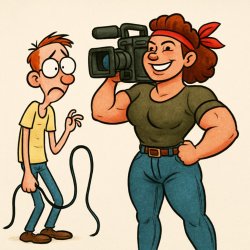 weak guy with a cable in his hand and a strong camera woman Meme Template