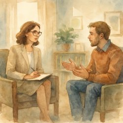 therapist talking to client in a chair, office Meme Template