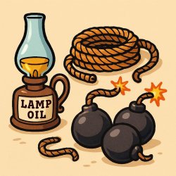 Lamp oil, rope, and bombs Meme Template