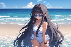 a teenage girl in her light blue swimsuit and sunglasses Meme Template
