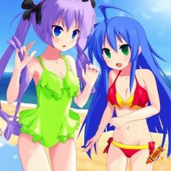 Konata and Kagami in their swimsuit and bikini Meme Template