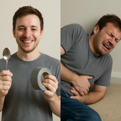 Person holding spoon and duct tape, smiling, on the first tile, Meme Template