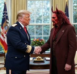 Donald Trump shaking hands with Satan in Oval Office Meme Template