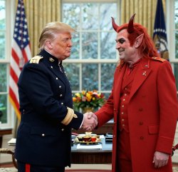 Donald Trump military uniform shaking hands with Satan Lucifer Meme Template
